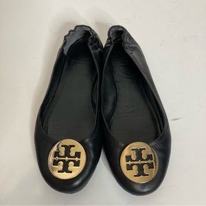 Tory Burch Minnie Travel Ballet Flats Soft Leather Black Gold Logo Dressy Shoes